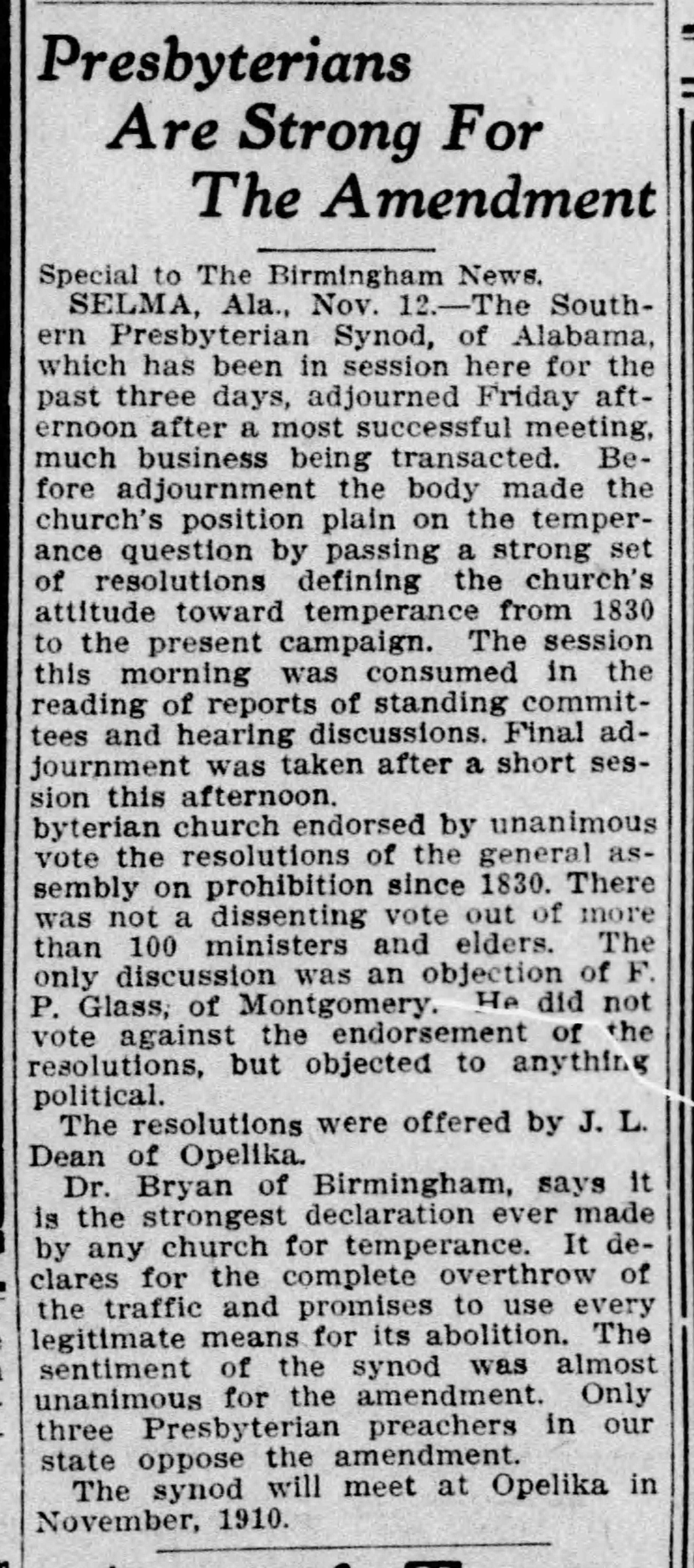 Presbyterians Are Strong For the Amendment